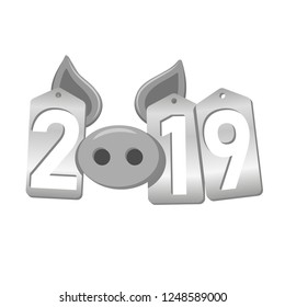 Happy New Year background. Pig face, silver sale tags. 2019 numbers. Piggy snout. Chinese design decoration, celebration card, Christmas discount. Cartoon piglet nose Vector Illustration