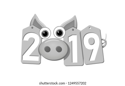Happy New Year background. Pig face, silver sale tags. 2019 flat numbers. Piggy snout. Chinese design decoration, celebration card, Christmas discount. Cartoon piglet nose Vector Illustration