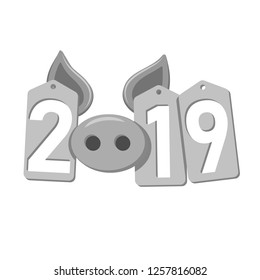 Happy New Year background. Pig face, silver sale tags. 2019 flat numbers. Piggy snout. Chinese design decoration, celebration card, Christmas discount. Cartoon piglet nose Vector Illustration