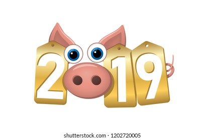 Happy New Year background. Pink pig 3D, gold sale tags. Golden 2019 numbers. Piggy snout. Chinese design decoration, celebration card, Christmas discount. Cartoon piglet nose Vector Illustration