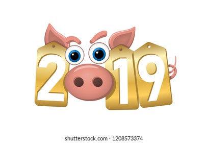 Happy New Year background. Pink pig 3D, gold sale tags. Golden 2019 numbers. Piggy snout. Chinese design decoration, celebration card, Christmas discount. Cartoon piglet nose Vector Illustration