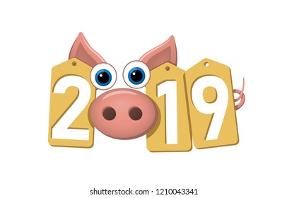 Happy New Year background. Pink pig, gold sale tags. Golden 2019 numbers. Piggy snout. Chinese design decoration, celebration card, Christmas discount. Cartoon piglet nose Vector Illustration