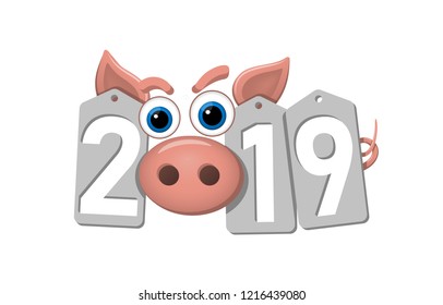 Happy New Year background. Pink pig, silver sale tags. 2019 flat numbers. Piggy snout. Chinese design decoration, celebration card, Christmas discount. Cartoon piglet nose Vector Illustration