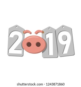 Happy New Year background. Pink pig, silver sale tags. 2019 flat numbers. Piggy snout. Chinese design decoration, celebration card, Christmas discount. Cartoon piglet nose Vector Illustration