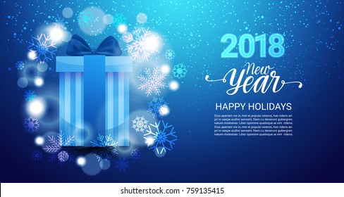 Happy New Year Background Poster Decorated With Glittering Gift Box And Snowflakes Vector Illustration
