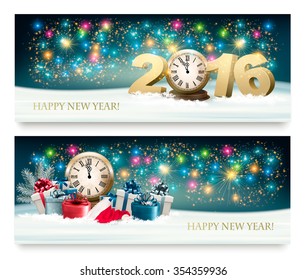 Happy New Year background with presents and fireworks. Vector.