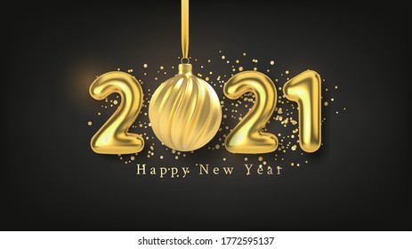 Happy New Year background with realistic gold inscription 2021 and Christmas tree toy of gold on a black horizontal background. Vector illustration