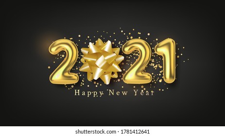 Happy New Year background with realistic gold inscription 2021 and golden bow on a black horizontal background. Vector illustration