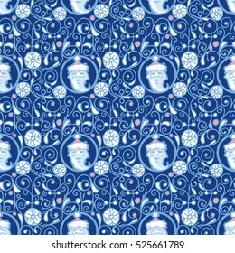 Happy New Year background with Santa Claus. Christmas baubles. Blue background with a florid pattern. Snowflakes. Repeating pattern.