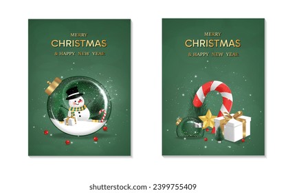 Happy New Year background set. transparent christmas balls with star and box of gifts strewn with snow on green background, realistic 3d decorative garland glow. Xmas Decorations. Vector illustration