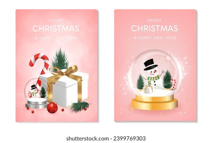 Alles Gute zum Neujahr! transparente Weihnachtsbälle mit Stern und Geschenkbox, schneebedeckt auf rosafarbenem Hintergrund, realistisches 3D-Dekorationsglühen. Weihnachtsdekorationen. Vektorgrafik.