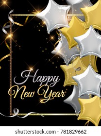 Happy New Year background with silver and gold star shaped balloons. Vector illustration.Wallpaper.flyers, invitation, posters, brochure, banners
