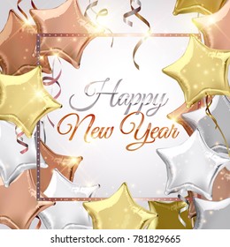 Happy New Year background with silver, rose gold (bronze) and gold star shaped balloons. Vector illustration.Wallpaper.flyers, invitation, posters, brochure, banners