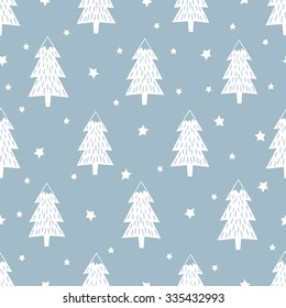 Happy New Year background. Simple seamless retro Christmas pattern -  Xmas trees, stars and snowflakes. Vector design for winter holidays. Child drawing style forest.