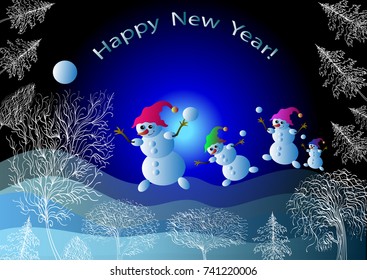  Happy new year  background with snowmen,  vector 