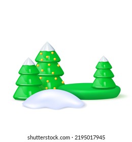 Feliz Año Nuevo. Árboles de Navidad nevados en el estadio redondo del estudio. Decoración 3d navideña realista