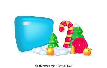 Happy New Year background. Snowy Christmas trees, big candy cane and wall clock. Realistic 3d Xmas decor