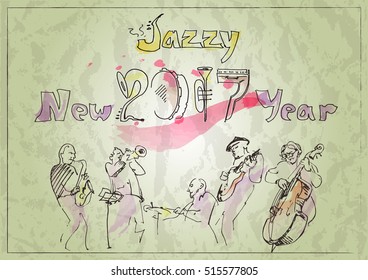 Happy New Year background stylized in doodles musical instruments with musicians. Jazz party conception.