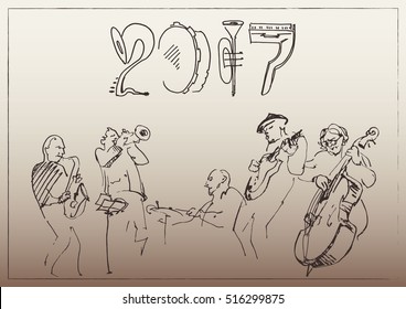 Happy New Year background stylized in doodles musical instruments with musicians. Jazz party conception.

