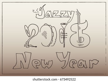 Happy New Year background stylized in doodles musical instruments with musicians. Jazz party conception.