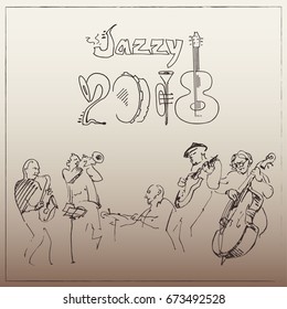 Happy New Year background stylized in doodles musical instruments with musicians. Jazz party conception.