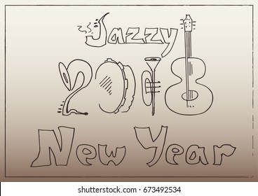 Happy New Year background stylized in doodles musical instruments with musicians. Jazz party conception.