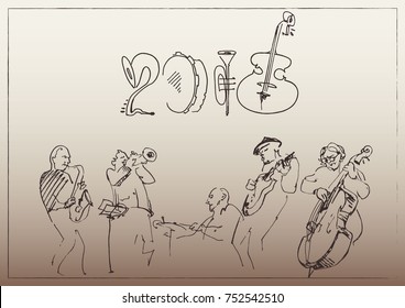 Feliz Año Nuevo estilizado en instrumentos musicales de doodles con músicos. Concepción de fiesta de jazz.