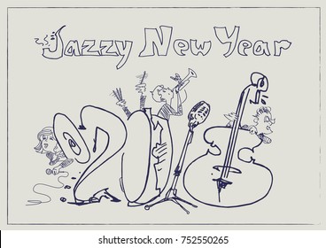 Happy New Year background stylized in doodles musical instruments with musicians. Jazz party conception.