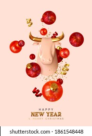 Happy New Year background with the symbol of 2021 bull. Realistic porcelain head, red decorative bauble balls, gold glitter confetti. Gold 3d text letters. Holiday banner, poster or greeting card