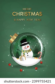Happy New Year background. transparent christmas balls with star and box of gifts strewn with snow on green background, realistic 3d decorative garland glow. Xmas Decorations. Vector illustration