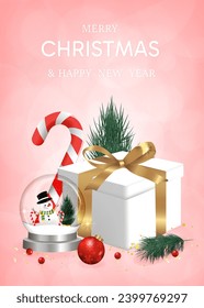 Happy New Year background. transparent christmas balls with star and box of gifts strewn with snow on pink background, realistic 3d decorative garland glow. Xmas Decorations. Vector illustration