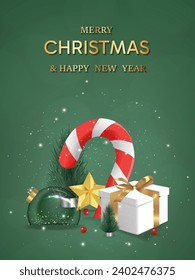 Feliz Año Nuevo. navidad de caramelo transparente con bolas y caja de regalos esparcidos con nieve sobre fondo verde, realismo 3d decorativo garland resplandeciente. Decoraciones navideñas. Ilustración vectorial.