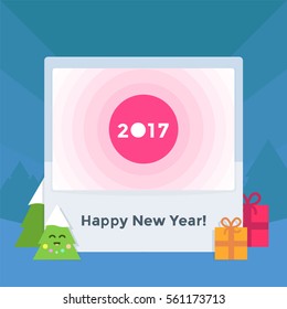 Happy new year background with trees and gifts. Vector illustration. Template wallpaper, flyers, invitation, posters, brochure, banner. Year 2017. Red dot with text. Cute character tree.