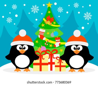  Happy New Year background with two funny penguins.Vector illustration