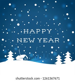 Happy New Year background. Vector illustration. Happy New Year text design. Vector greeting Typographical illustration with winter landscape, snowflakes, light, house. 