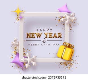 Happy New Year background. White frame with gold iron letters text New Year, golden confetti and snowflakes, yellow gift box. Holiday poster and banner. vector illustration