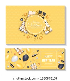 Happy New Year Background. Yellow, Black And White Collors. Balloons, Champagne, Glasses, Christmas Balls, Ribbons, Gifts. Vector Illustration For Invitation, Card, Flyer, Poster, Banner.