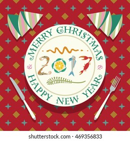 Happy New Year Background for your Greetings Card. 2017 lettering with seafood on a Plate.  Merry christmas lettering. Laid table with red tablecloth. 