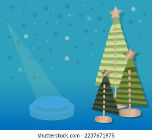 Happy New Year background.Christmas tree with star in paper cut style on blue background with snowflakes and studio podium. Vector illustration.