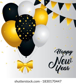 Happy new year balloons with bowtie and banner pennant design, Welcome celebrate and greeting theme Vector illustration