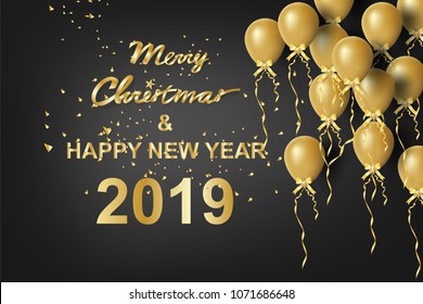 Happy New Year with balloons golden background.Merry Christmas element template.Creative paper cut and craft style for card and banner.Holiday midnight party.Winter season.vector illustration EPS10