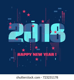 Happy New Year banner with 2018 numbers in Memphis style.Christmas background or greeting card with flat geometric pattern and figure.