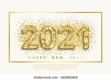 Happy New Year banner with 2021 Golden Numbers on bright Background with scattered golden beads. Vector illustration