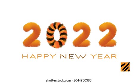Happy New Year banner 2022. Festive New Year greeting card. Merry Christmas and Happy New Year holiday symbol template. Chinese symbol of 2022. Striped fluffy numbers. Year of the Tiger.