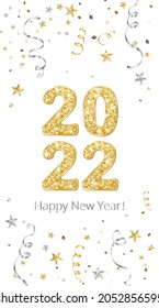 Happy New Year Banner. 2022 Gold Glitter Numbers. Confetti, Ribbons And Stars Decoration. Gold And Silver Celebration Background. For Christmas Holiday Headers, Party Flyers. Vector Illustration.