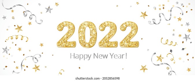 Happy New Year banner. 2022 gold glitter numbers. Confetti, ribbons and stars decoration. Gold and silver celebration background. For Christmas holiday headers, party flyers. Vector illustration.