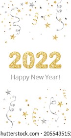 Happy New Year banner. 2022 gold glitter numbers. Confetti, ribbons and stars decoration. Gold and silver celebration background. For Christmas holiday headers, party flyers. Vector illustration.