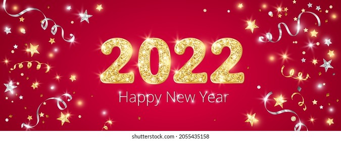 Happy New Year banner. 2022 gold glitter numbers. Confetti, ribbons and stars decoration. Gold and silver celebration background. For Christmas holiday headers, party flyers. Vector illustration.