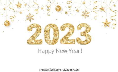 Happy New Year banner. 2023 gold glitter numbers. Confetti, snowflakes and stars decoration. Golden celebration background. For Christmas holiday headers, party flyers. Vector illustration.