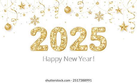 Happy New Year banner. 2025 gold glitter numbers. Confetti, snowflakes and stars decoration. Golden celebration background. For Christmas holiday headers, party flyers. Vector illustration.